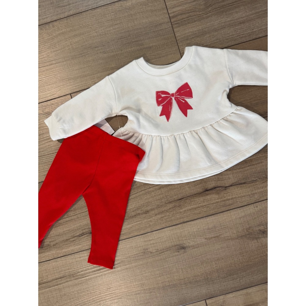 Cat & Jack Bow Peplum Top and Leggings Set Baby 0-3M‎ White Red Bow